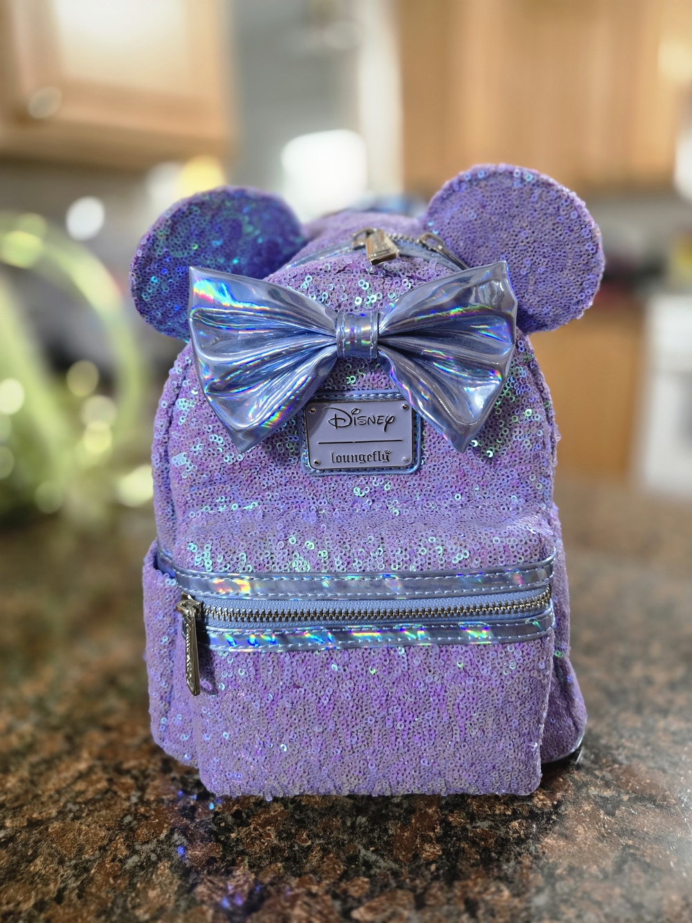 Loungefly Disney Lavender Sequin Mickey Ear Mini Backpack with Holographic Bow